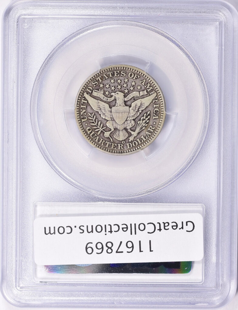Reverse slab shot of a 1904-O Barber Quarter in PCGS holder graded a F15 with a Green CAC Sticker.