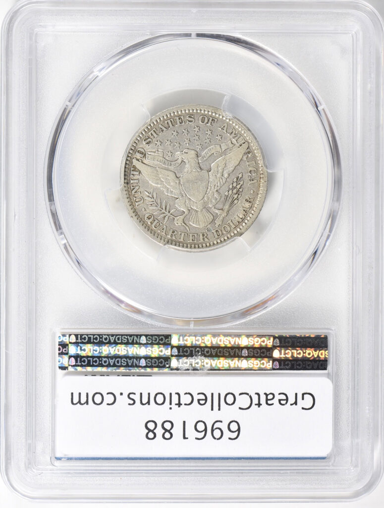 Reverse slab shot of a 1906-O Barber Quarter in PCGS holder graded a VF25 with a Green CAC Sticker.