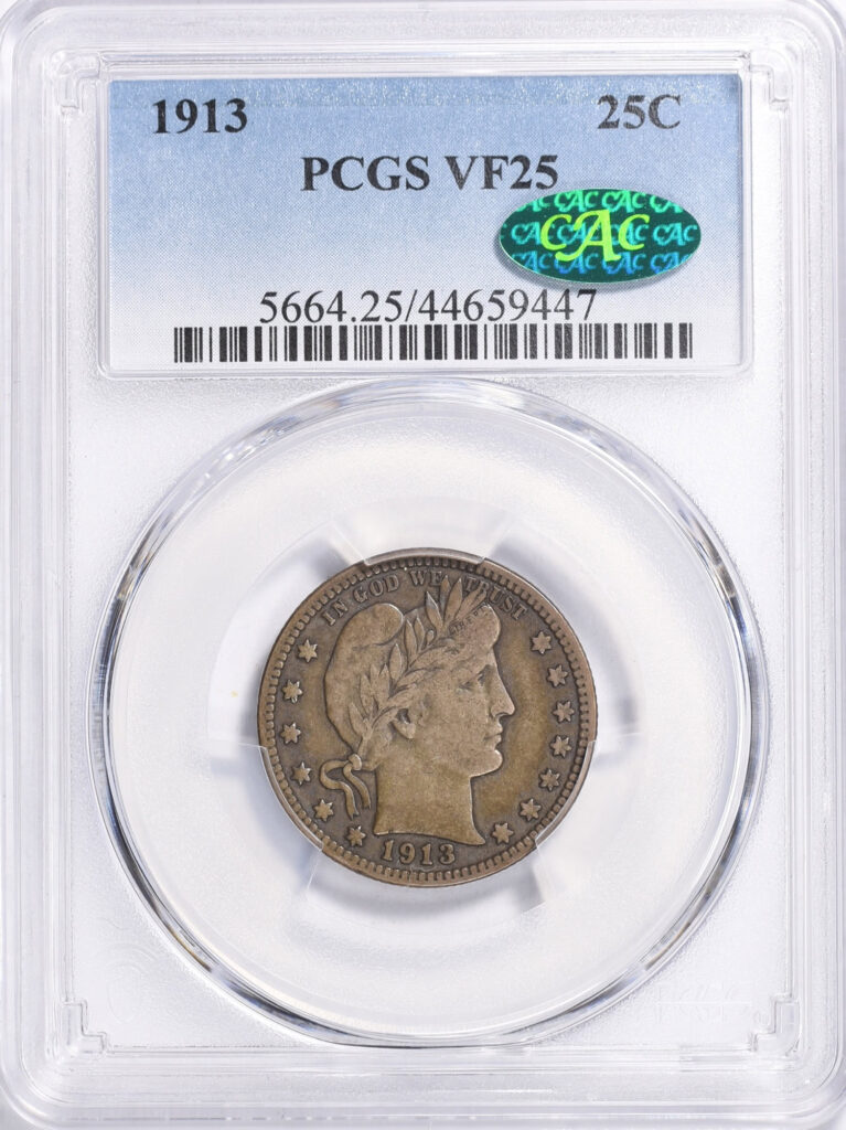 Obverse slab shot of a 1913 Barber Quarter in PCGS holder graded a VF25 with a Green CAC Sticker.