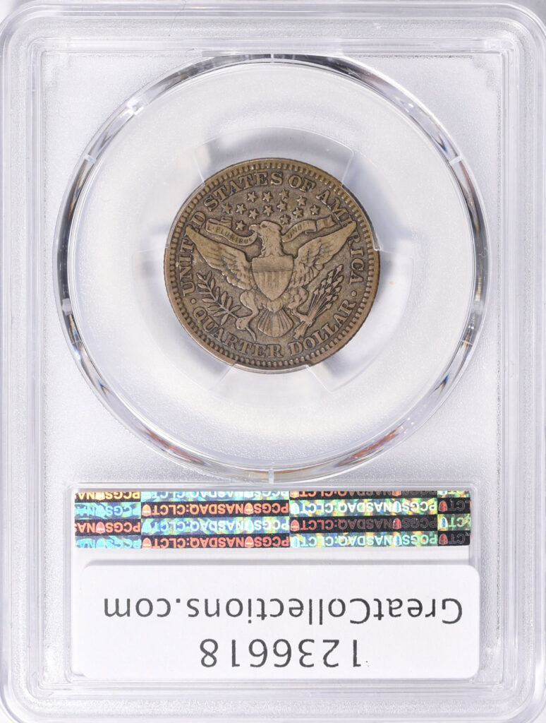 Reverse slab shot of a 1913 Barber Quarter in PCGS holder graded a VF25 with a Green CAC Sticker.