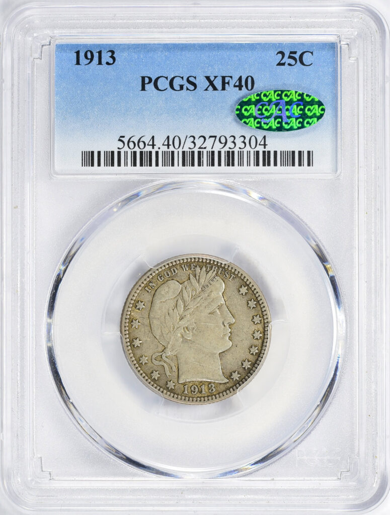 Obverse slab shot of a 1913 Barber Quarter in PCGS holder graded a XF40 with a Green CAC Sticker.