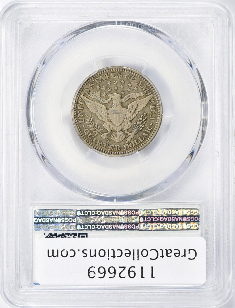 Reverse slab shot of a 1913 Barber Quarter in PCGS holder graded a XF40 with a Green CAC Sticker.