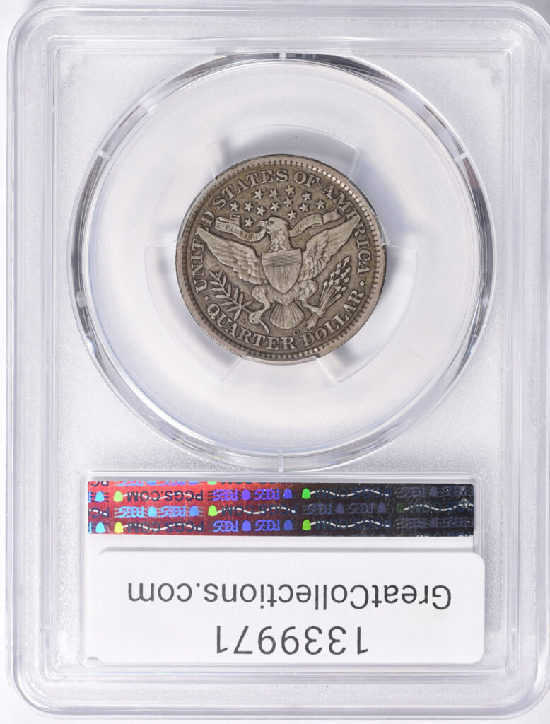 Reverse slab shot of an 1896-O Barber Quarter in a PCGS holder graded a VF30 with a Green CAC Sticker.