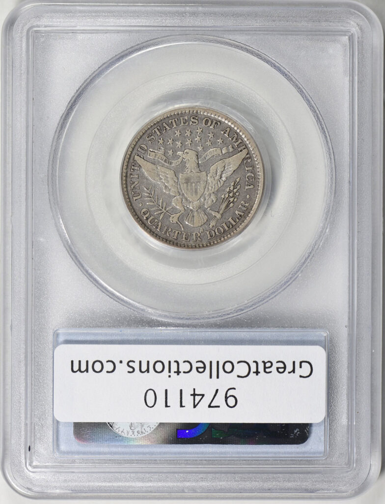 Reverse slab shot of an 1896-S Barber Quarter in a PCGS holder graded a VF25 with a Green CAC Sticker.