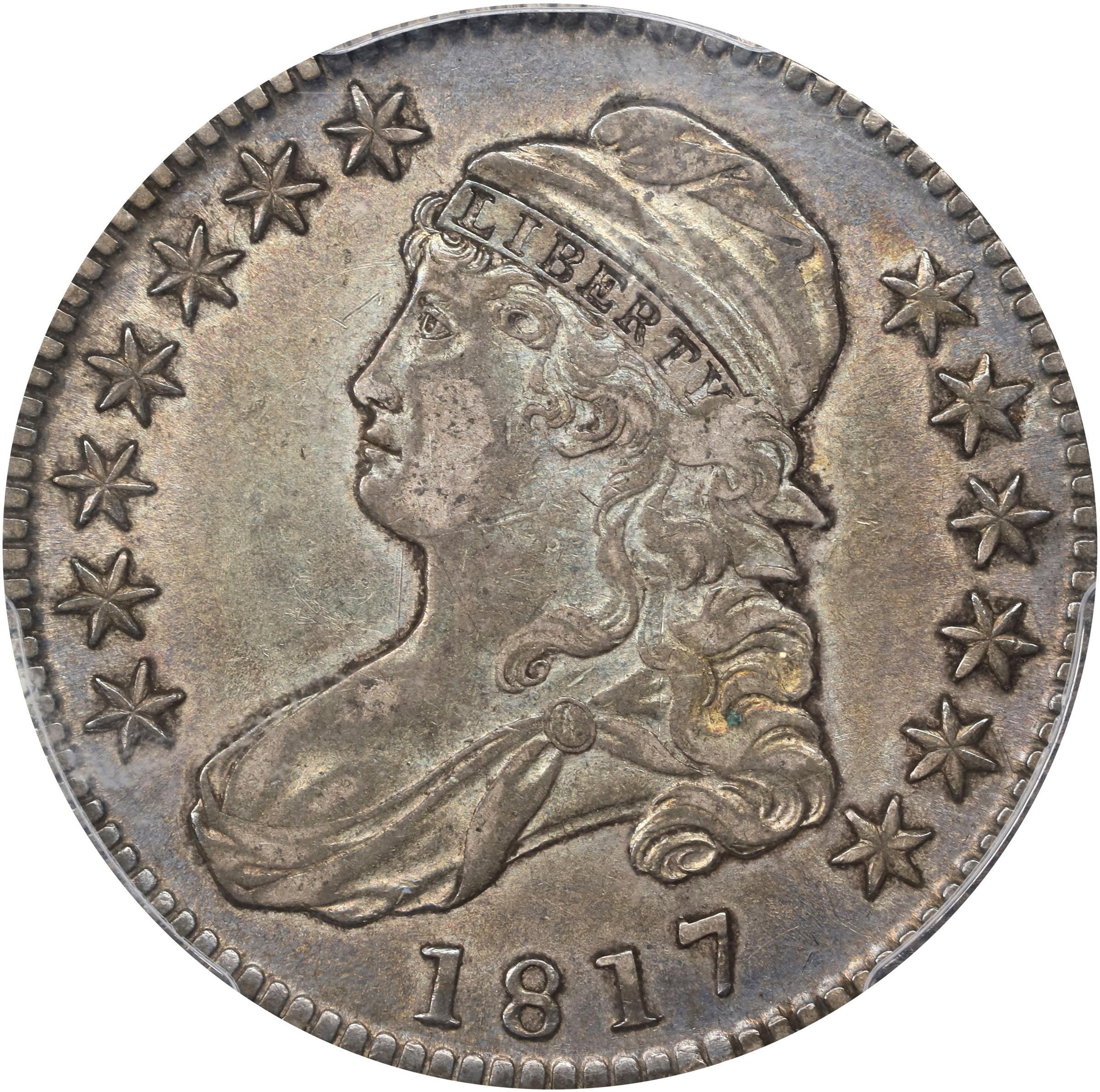 Obverse of a raw 1817 Capped Bust Half Dollar
