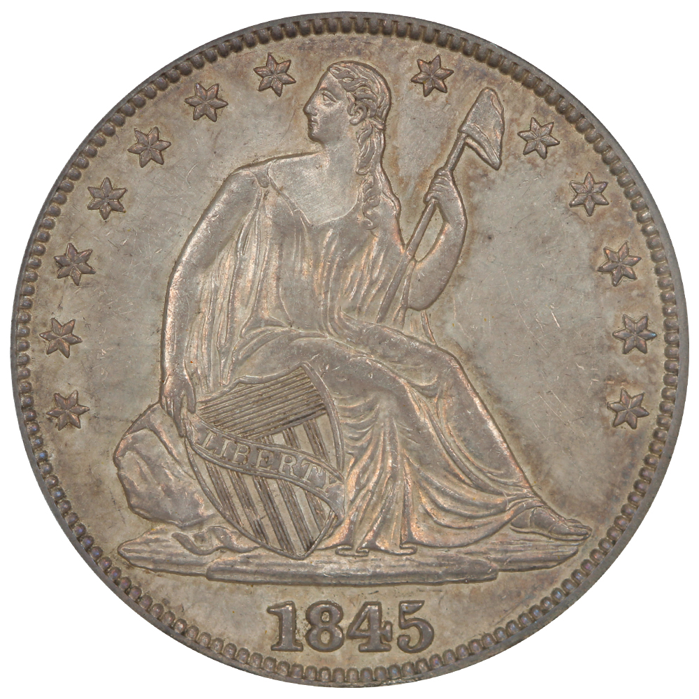 Obverse of a raw 1845 Seated Liberty Half Dollar
