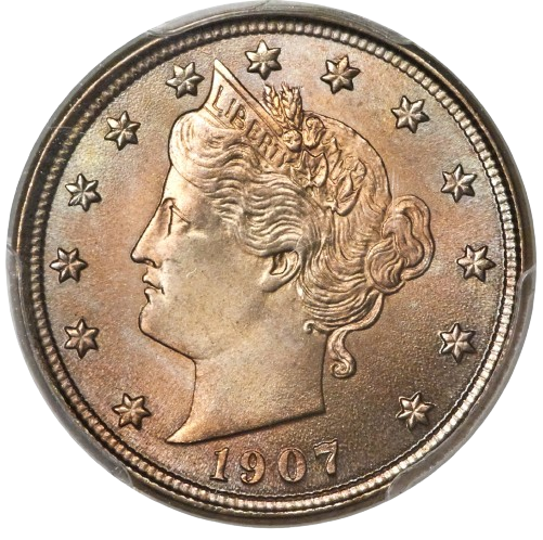 Obverse of a raw 1907 Liberty 'V' Nickel