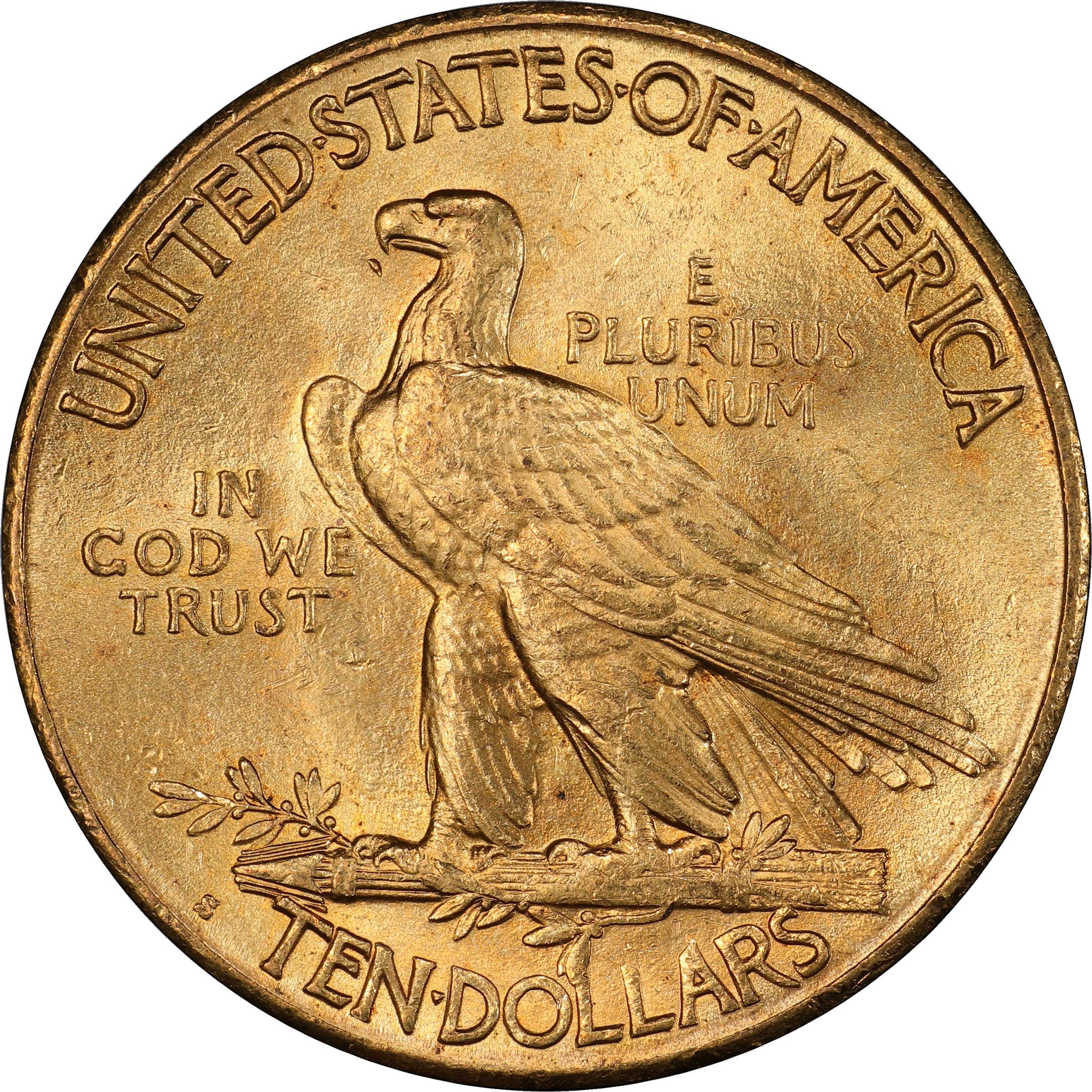 Reverse of a raw 1915-S Indian $10 Gold piece