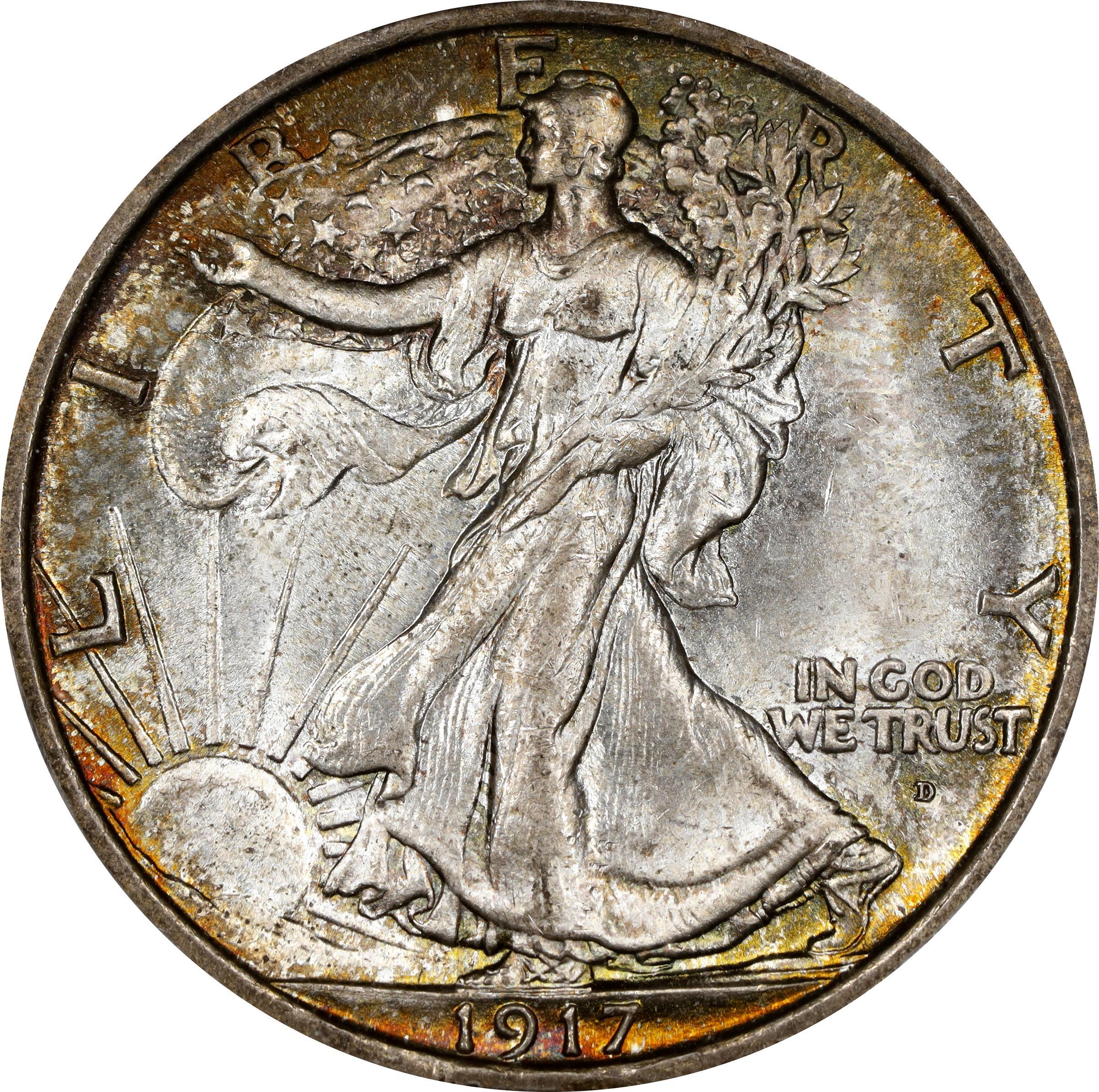 Obverse of a raw 1917-D Walking Liberty Half Dollar