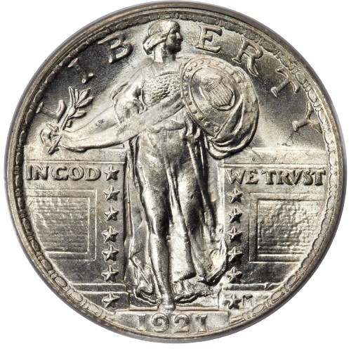 Obverse of a raw 1921 Standing Liberty Quarter
