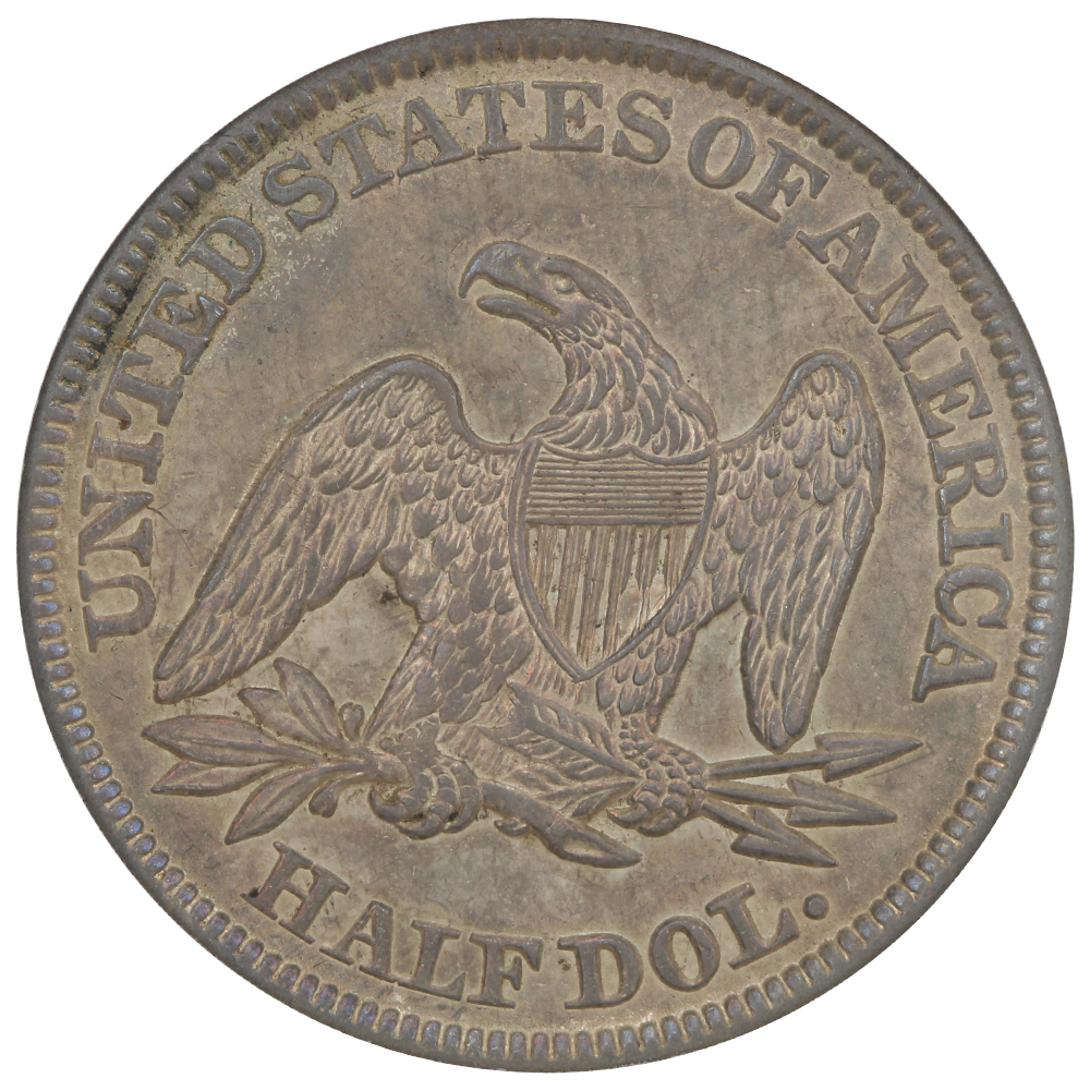 Reverse of a raw 1845 Seated Liberty Half Dollar