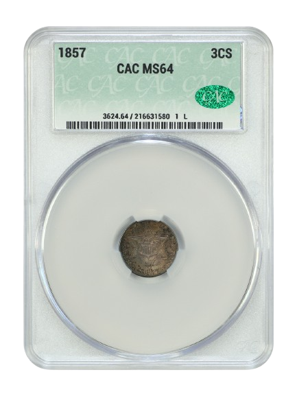 Obverse slab shot of a three cent silver graded an MS64