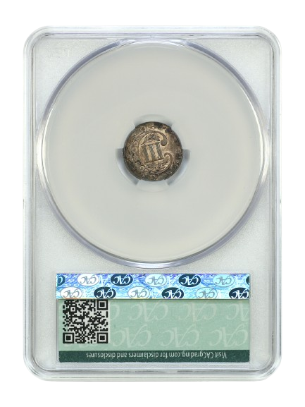 Reverse slab shot of a three cent silver graded an MS64