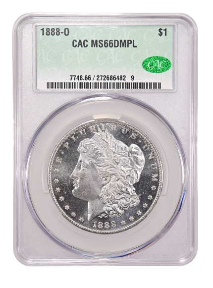 Obverse slab shot of an 1888-O Deep Mirror Prooflike Morgan dollar graded an MS66