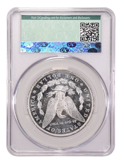 Reverse slab shot of an 1888-O Deep Mirror Prooflike Morgan dollar graded an MS66