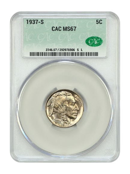 Obverse slab shot of a 1937-S Buffalo Nickel graded an MS67
