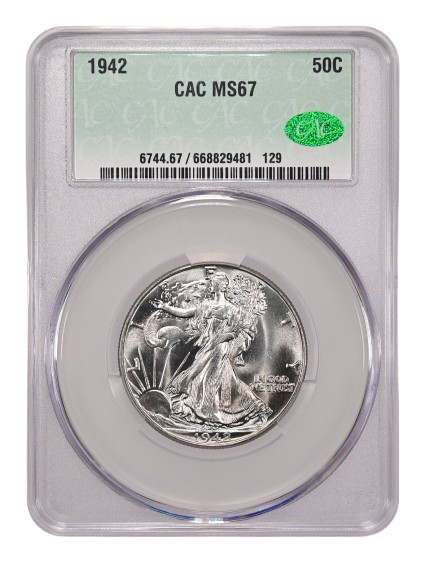 Obverse slab shot of a 1942 Walking Liberty half dollar graded an MS67