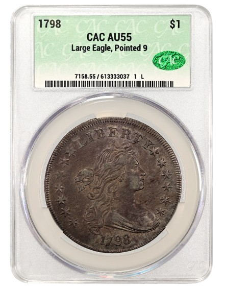 Obverse slab shot of a 1798 Large Eagle, Pointed 9 Dollar graded an AU55