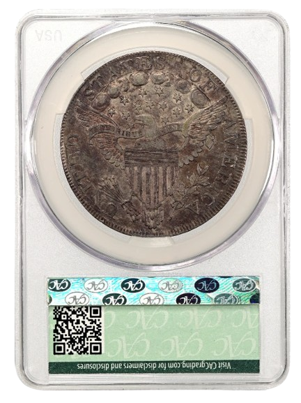 Reverse slab shot of a 1798 Large Eagle, Pointed 9 Dollar graded an AU55