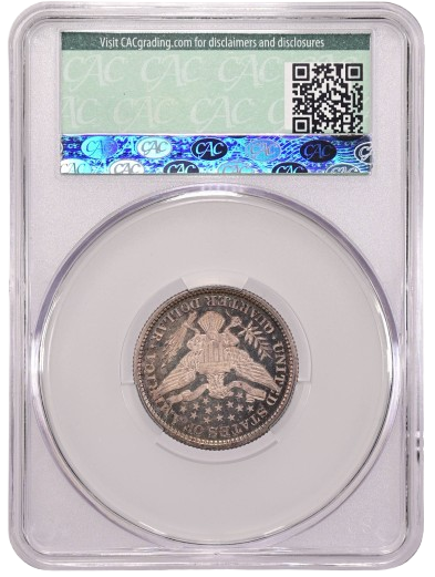 Reverse slab shot of an 1893 Cameo Barber Quarter graded a PR67+ by CACG
