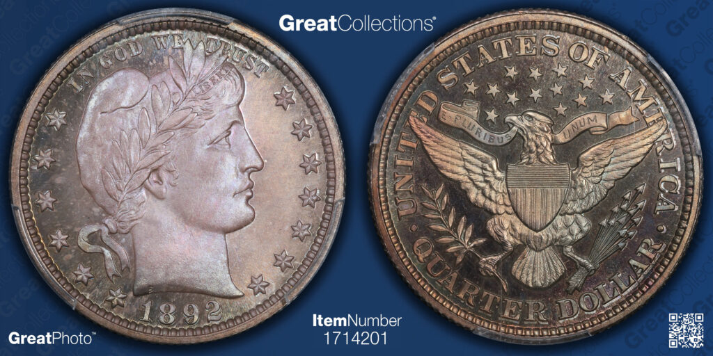 Obverse and Reverse of a raw 1892 Proof Barber Quarter