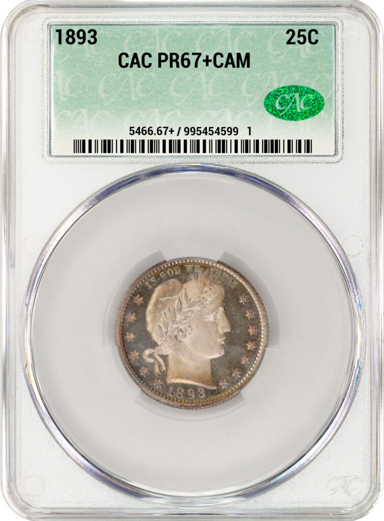 Obverse slab shot of an 1893 Cameo Barber Quarter graded a PR67+ by CACG
