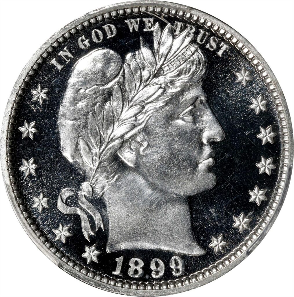 Obverse of a raw 1899 Proof Barber Quarter