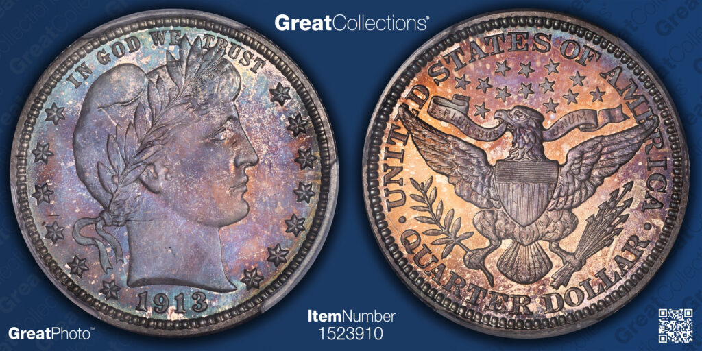 Obverse and Reverse of a raw, colorful 1913 Proof Barber Quarter