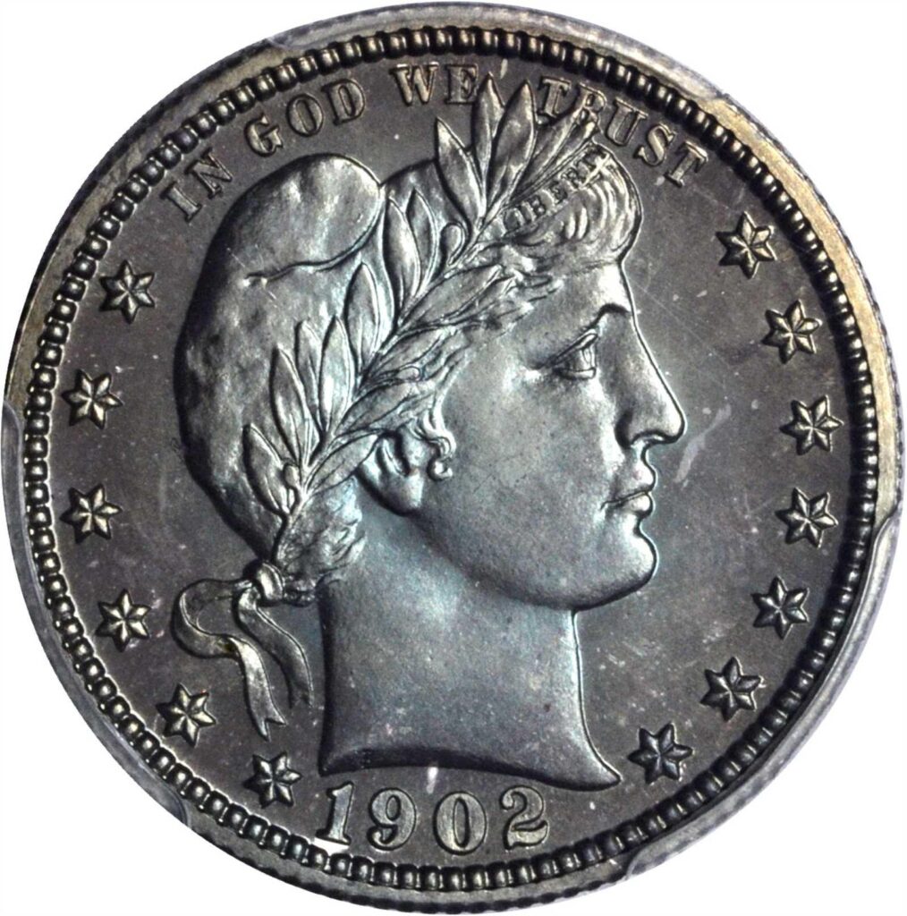 Obverse of a raw 1902 Proof Barber Quarter