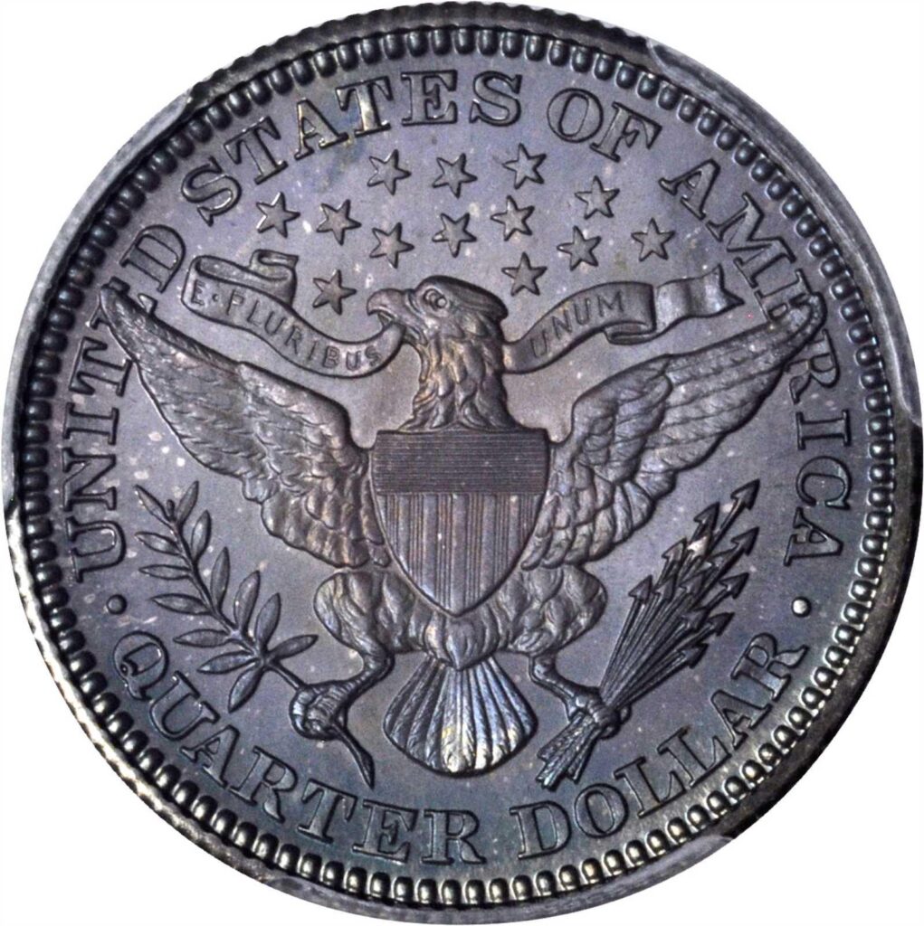 Reverse of a raw 1902 Proof Barber Quarter