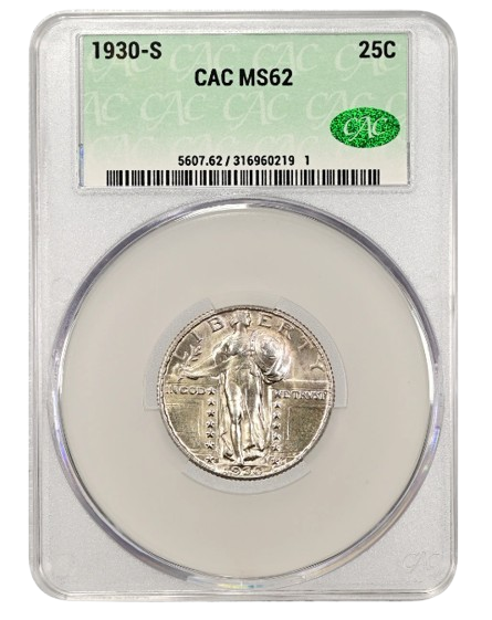 Obverse slab shot of a 1930-S Standing Liberty quarter graded an MS62