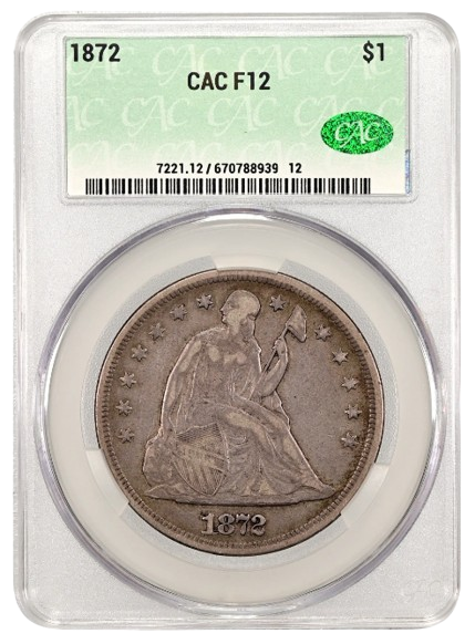 CAC Obverse Slab Shot of an 1872 Silver Dollar