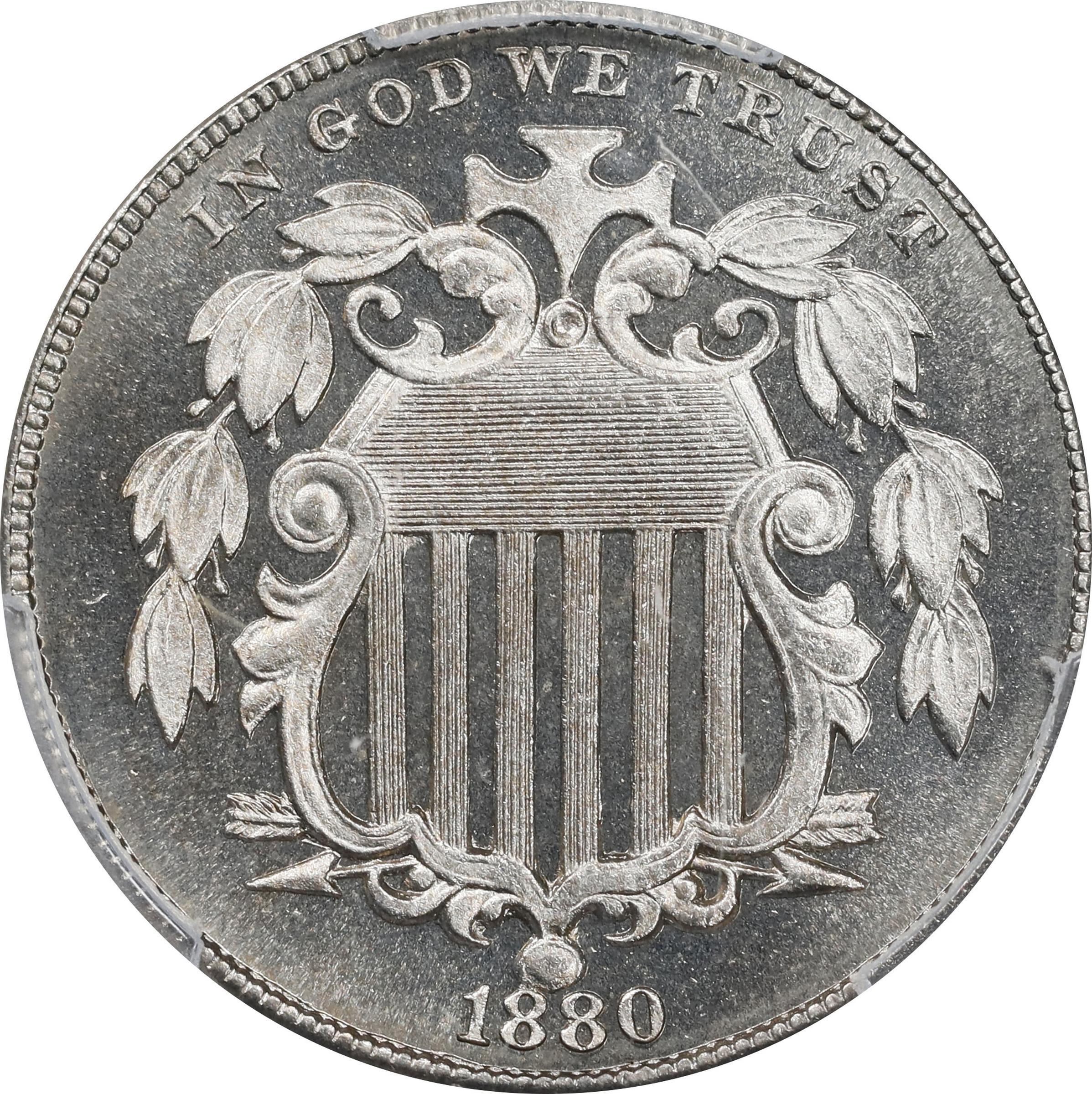 Obverse of an 1880 Shield Nickel