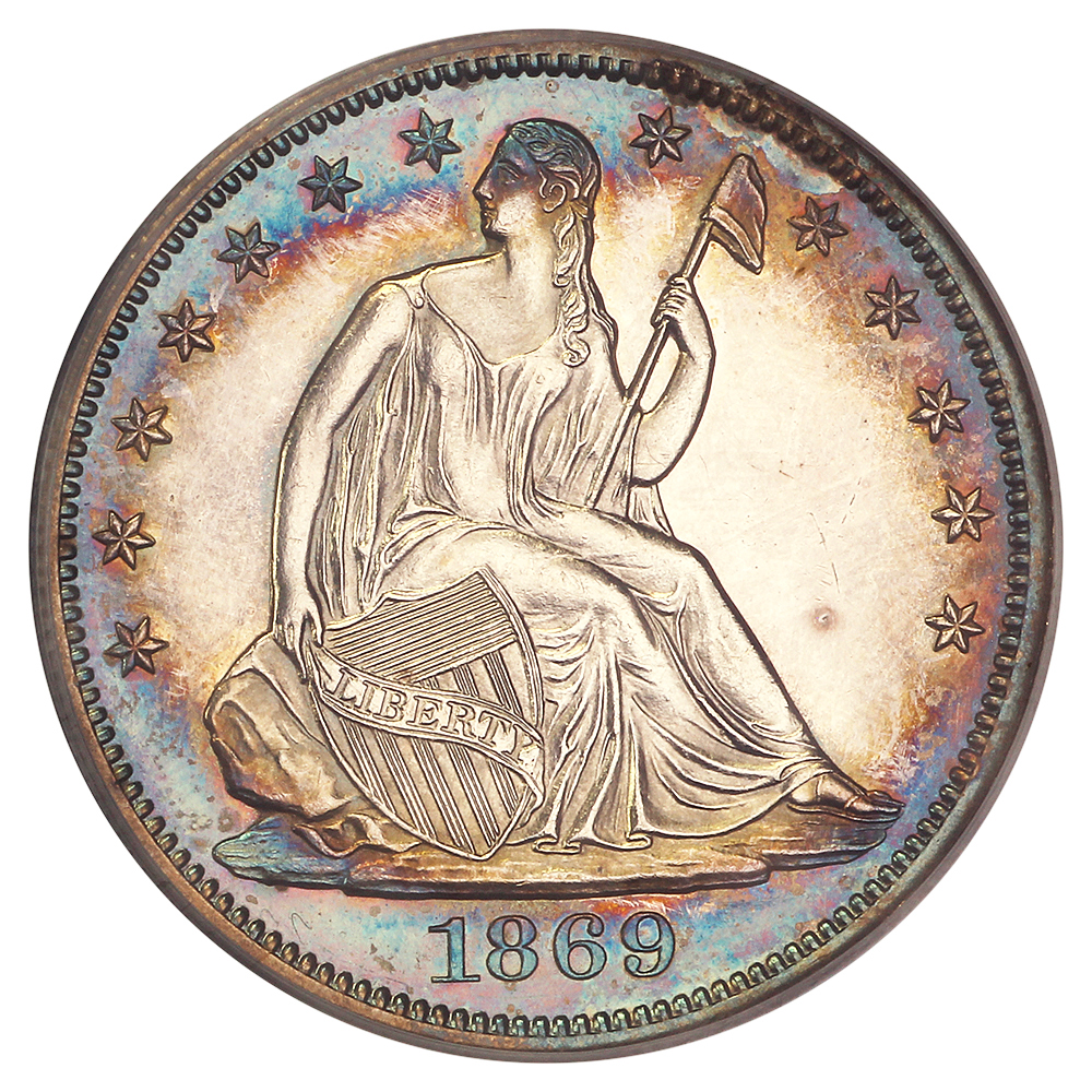Obverse of an 1869 Liberty Seated Half Dollar