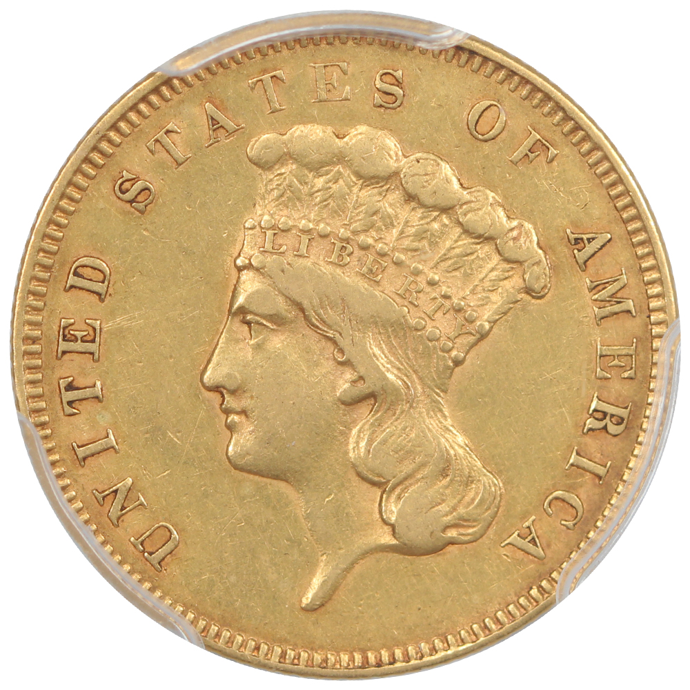 Obverse of an 1855 Gold Three Dollar Piece