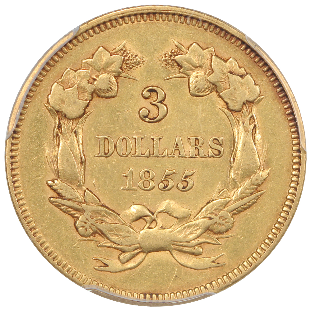 Reverse of an 1855 Gold Three Dollar Piece