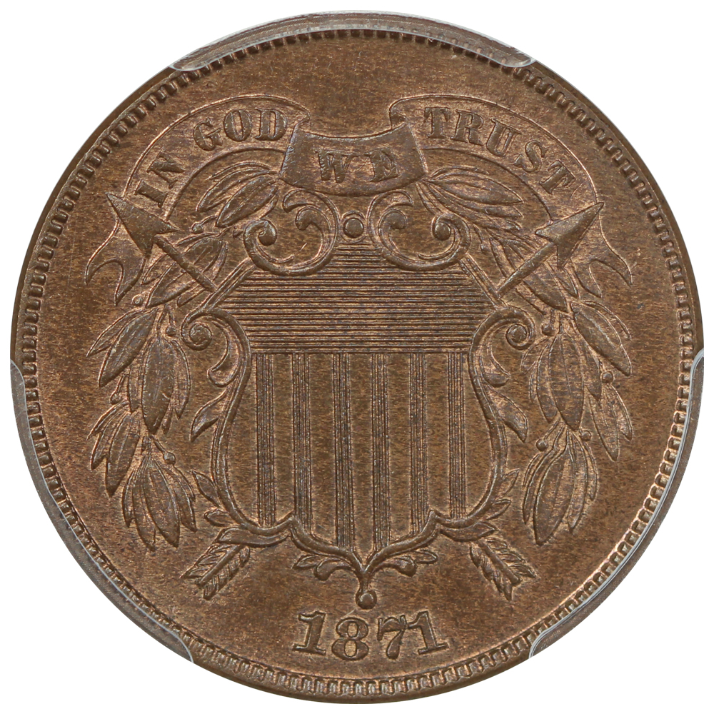 Obverse of a raw 1871 two-cent piece
