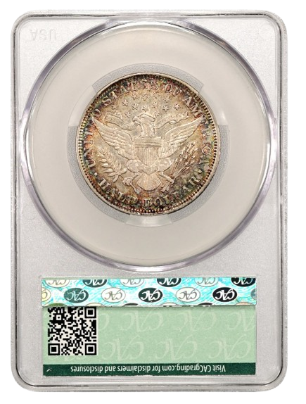 Reverse Slab Shot of an 1893 barber half dollar graded an AU53 by CACG