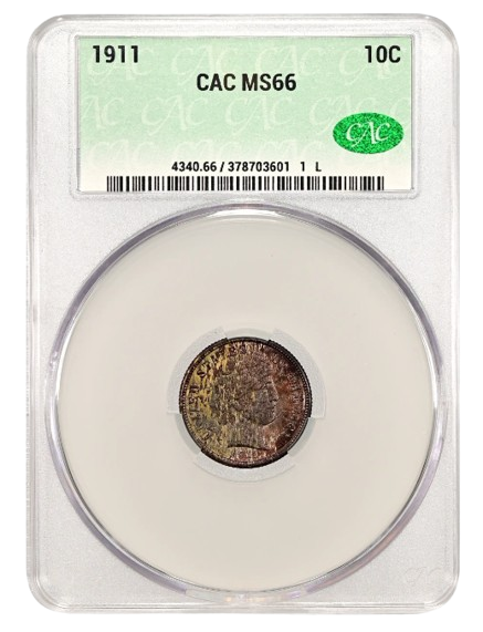 Obverse slab shot a 1911 Barber Dime graded an MS66 by CACG