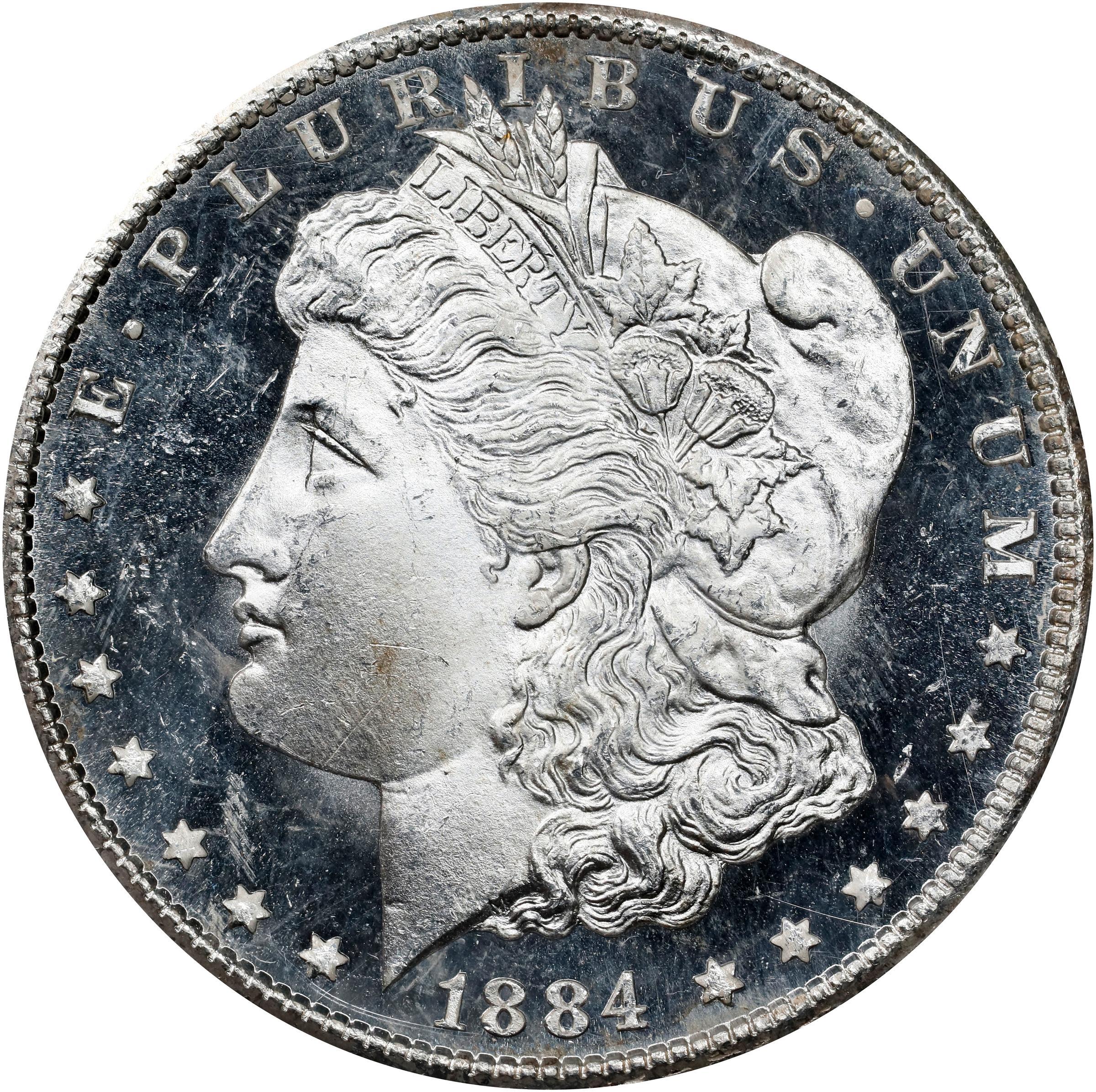 Obverse of a raw 1884-CC Morgan dollar graded an MS65