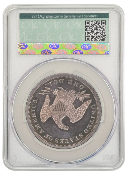 Reverse slab shot of an 1858 Liberty Seated Dollar graded a PR64 by CACG