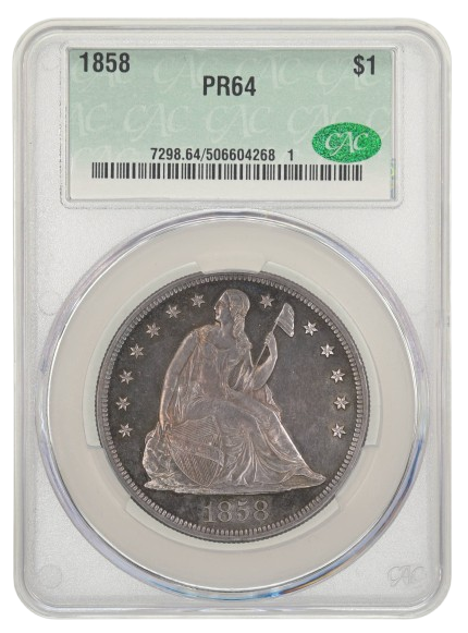 Obverse slab shot of an 1858 Liberty Seated Dollar graded a PR64 by CACG