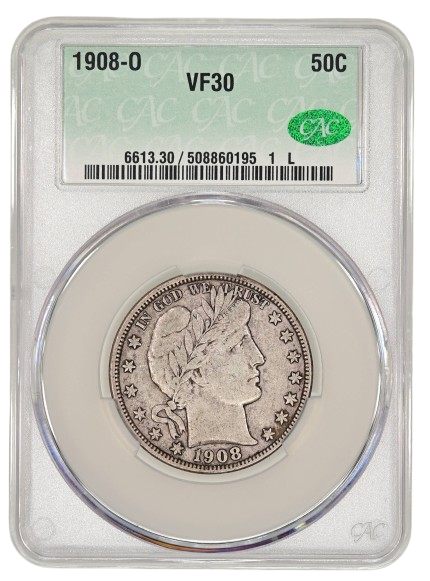 Obverse slab shot of a 1908-O Barber half dollar graded a VF30 by CACG