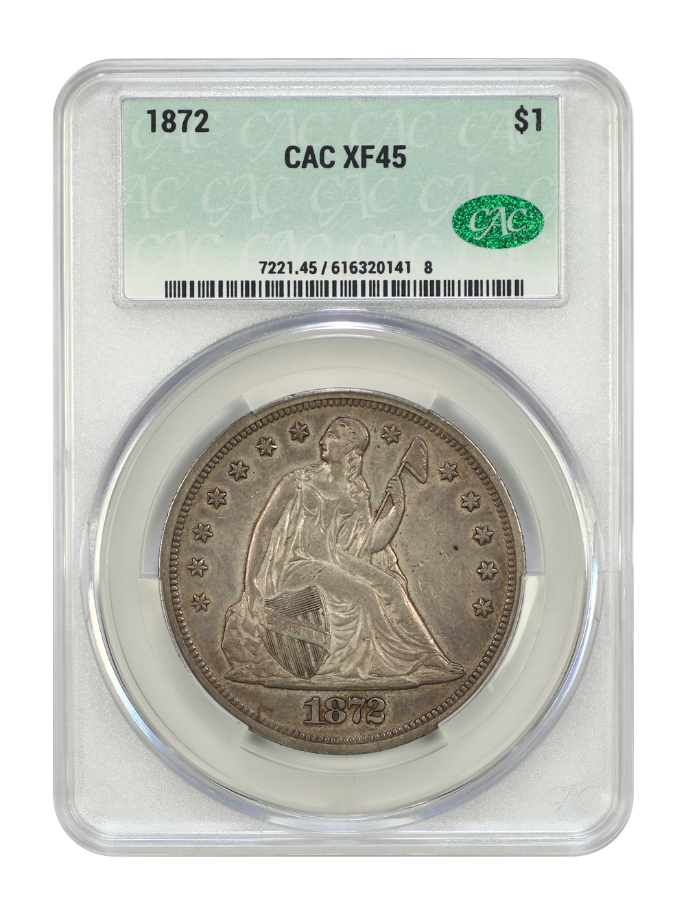 Obverse of an 1872 Liberty Seated dollar graded an XF45 by CACG