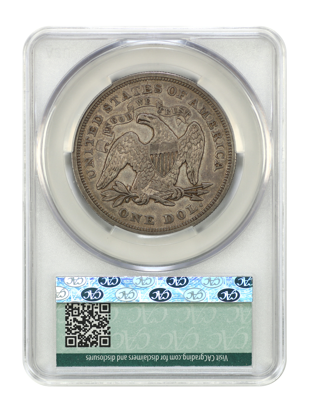 Reverse of an 1872 Liberty Seated dollar graded an XF45 by CACG