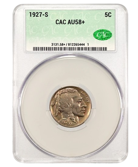 Obverse slab shot of a 1927-S Buffalo nickel graded an AU58+ by CACG