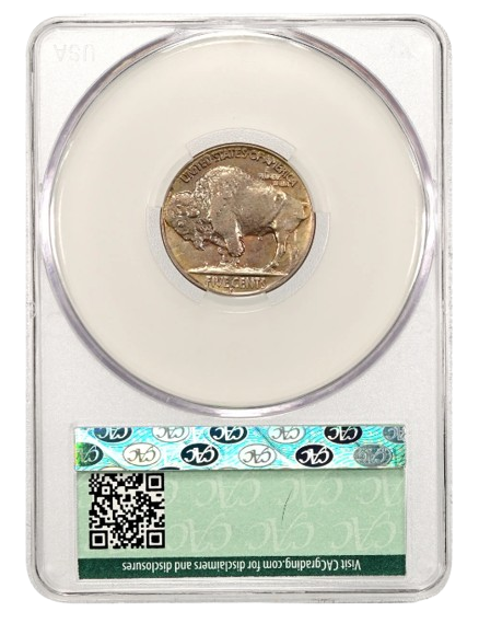 Reverse slab shot of a 1927-S Buffalo nickel graded an AU58+ by CACG