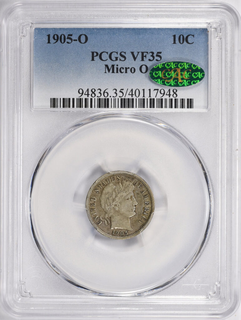 The obverse of a 1905-O Barber Dime graded a VF35 in a PCGS Holder