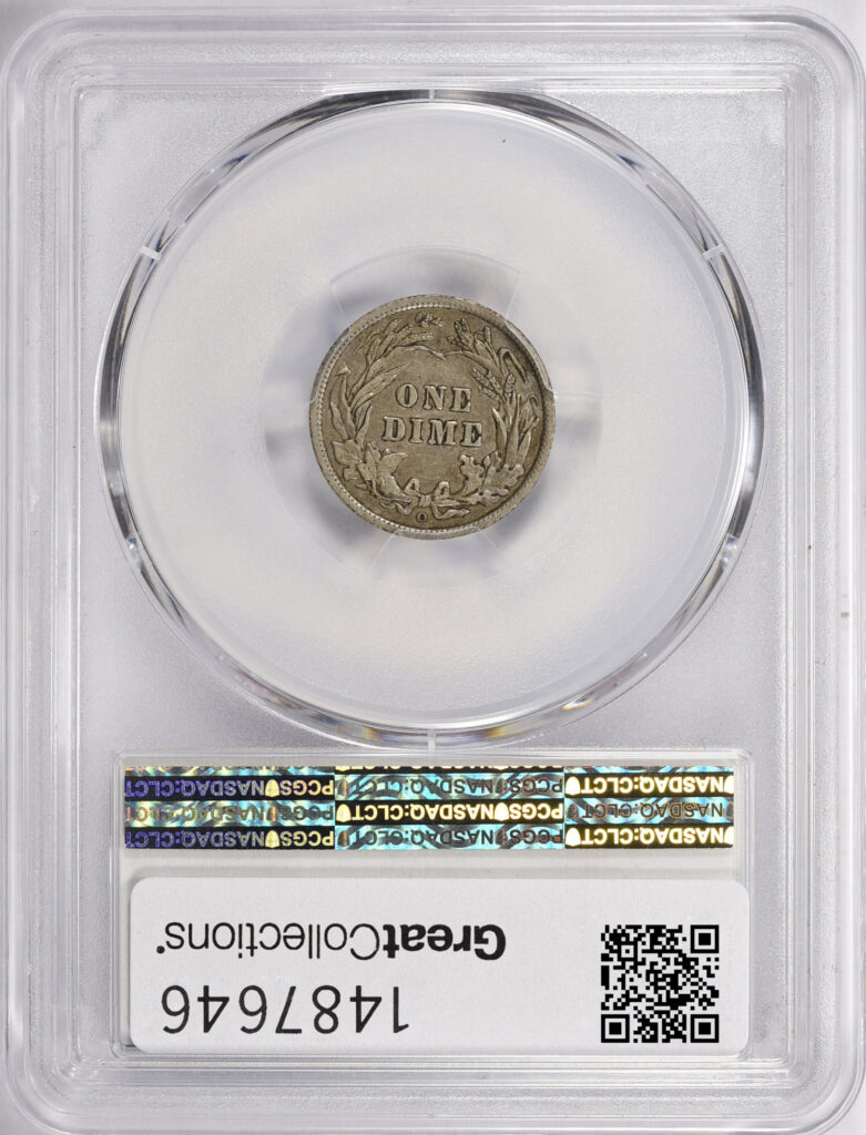 The reverse of a 1905-O Barber Dime graded a VF35 in a PCGS Holder
