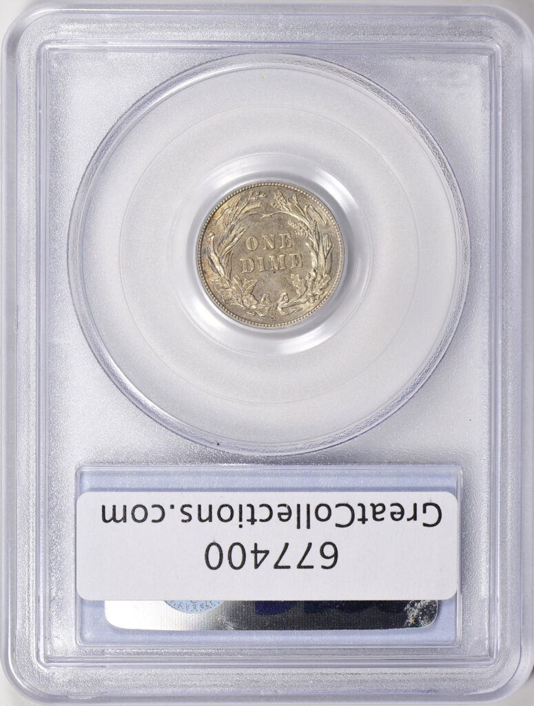 The reverse of a 1908-S Barber Dime graded an AU 55 in a PCGS Holder